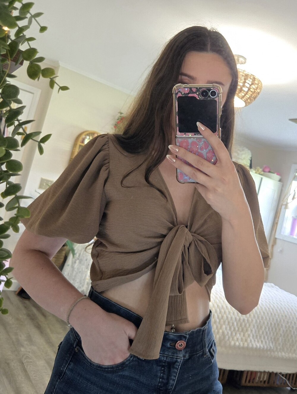 Altar'd State Brown Tie-Front Puff Sleeve Crop Top